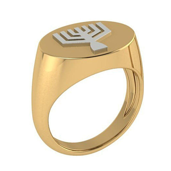 Two Tone Menorah Signet Ring 14K Yellow Gold - Thenetjeweler