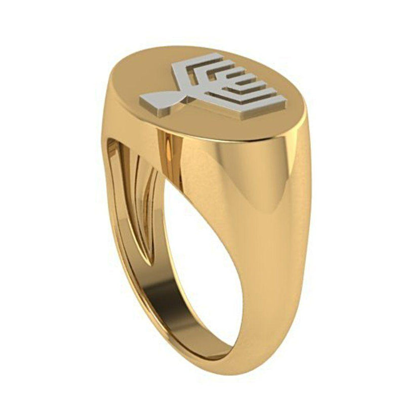 Two Tone Menorah Signet Ring 14K Yellow Gold - Thenetjeweler