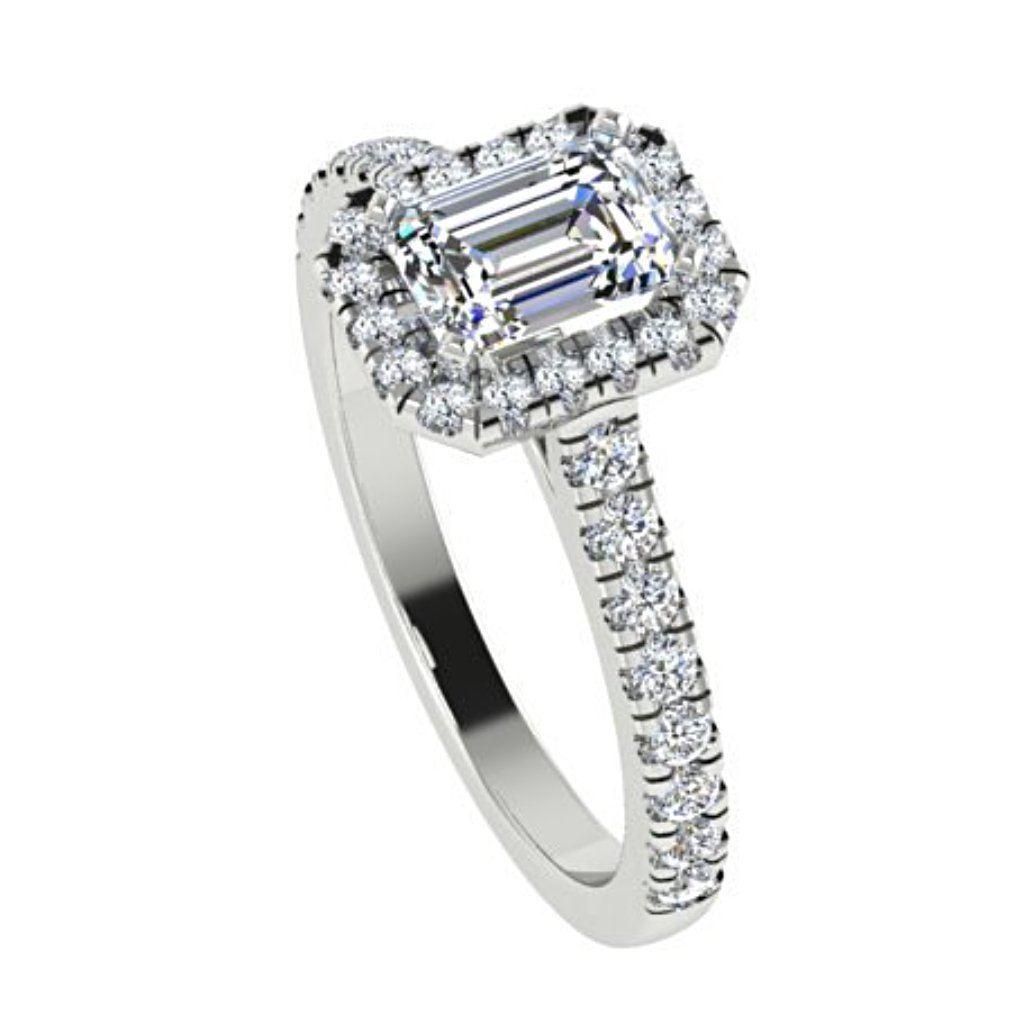 Emerald Cut Diamond Halo Engagement Ring with Side Stones 18K Gold - Thenetjeweler