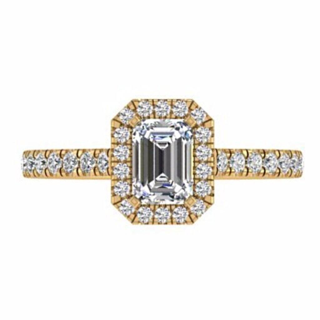 Emerald Cut Diamond Halo Engagement Ring with Side Stones 18K Gold - Thenetjeweler