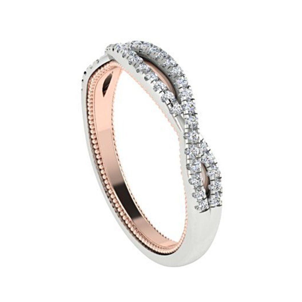 Two Tone Criss Cross Diamond Semi Eternity Ring 18K White and Pink Gold - Thenetjeweler