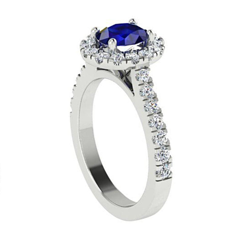 Oval Sapphire Halo Diamond Ring with Side Stones 18K White Gold - Thenetjeweler