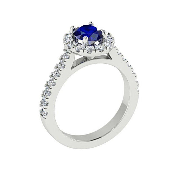 Oval Sapphire Halo Diamond Ring with Side Stones 18K White Gold - Thenetjeweler