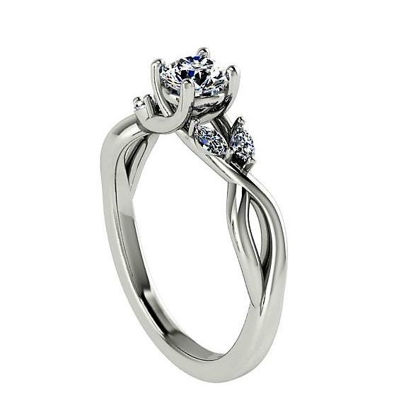 Round Diamond  Engagement Ring with Marquise Side Stones 18K Super White Gold - Thenetjeweler