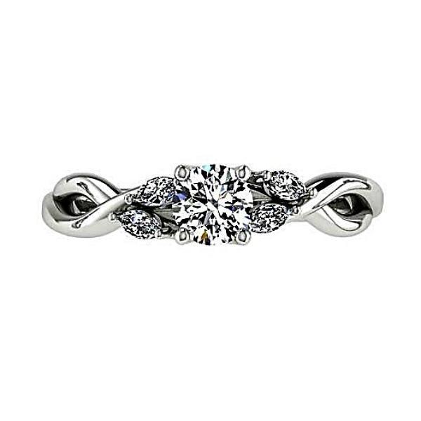 Round Diamond  Engagement Ring with Marquise Side Stones 18K Super White Gold - Thenetjeweler
