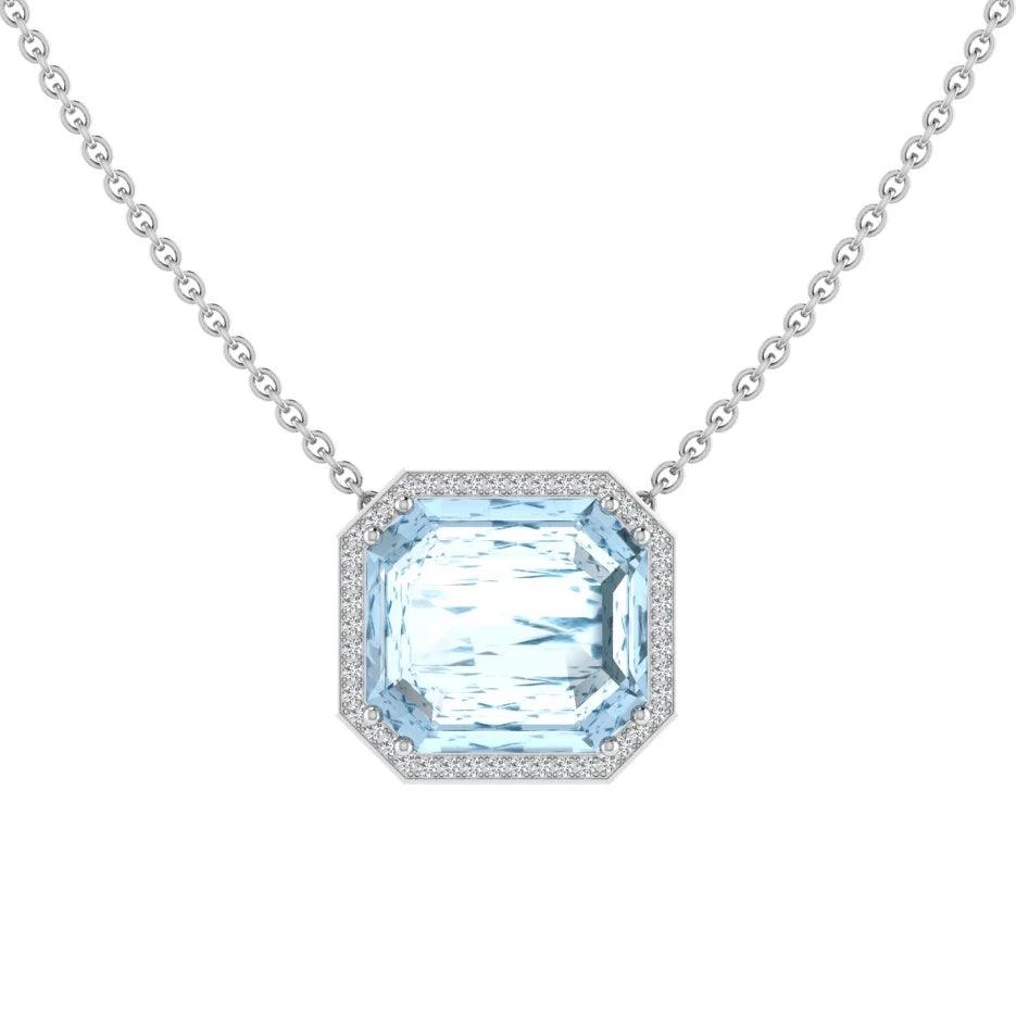 Aquamarine Emerald Cut Diamond Halo Pendant - Thenetjeweler