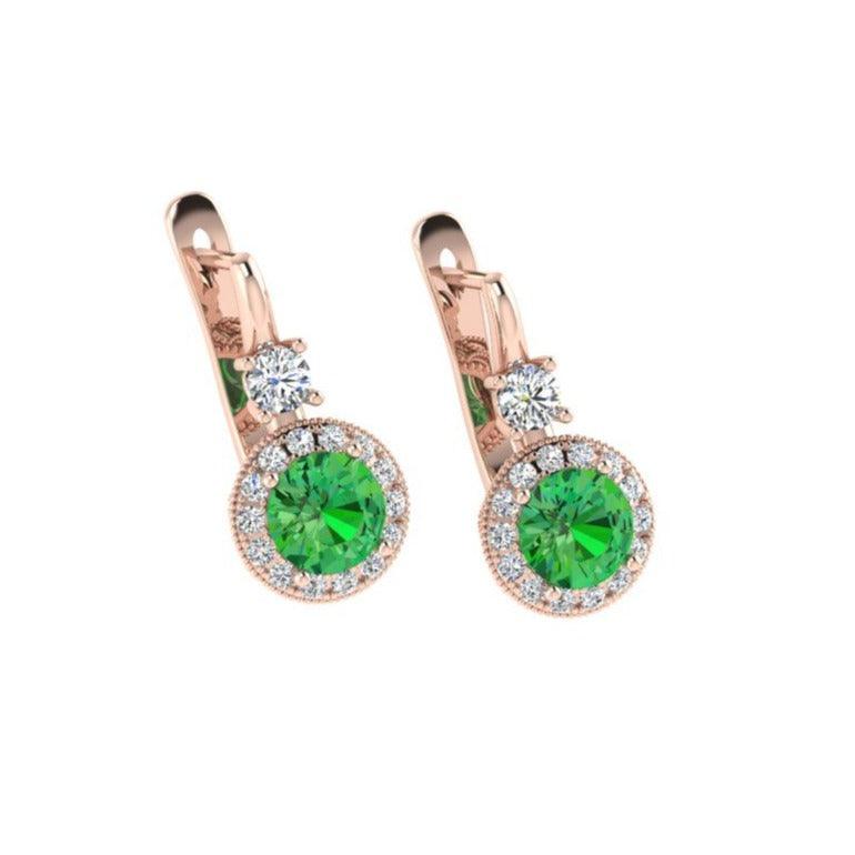 Round Emerald Drop Earrings with Diamond Halo - Thenetjeweler