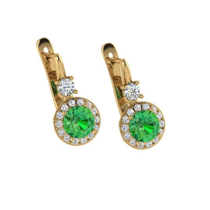 Round Emerald Drop Earrings with Diamond Halo - Thenetjeweler