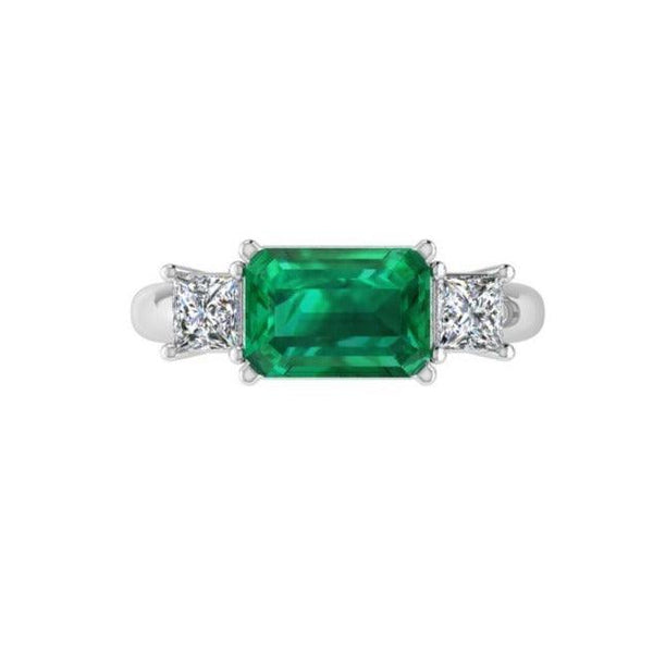 East West Emerald Three-Stone Diamond Ring - Thenetjeweler