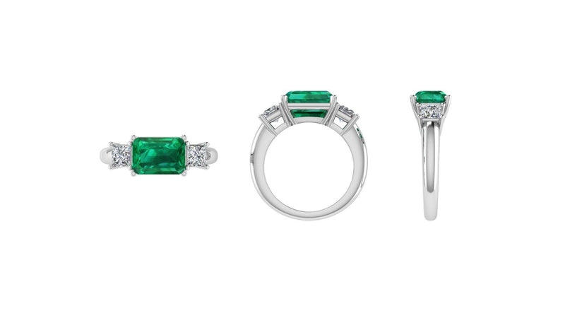 East West Emerald Three-Stone Diamond Ring - Thenetjeweler