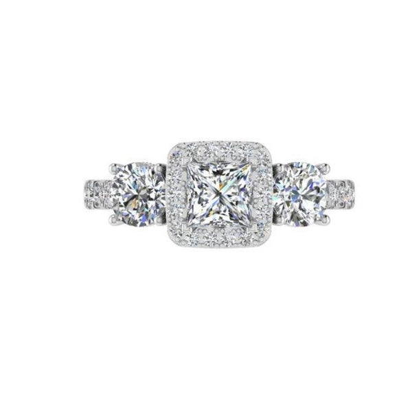 3 Stone Halo Diamond Engagement Ring - Thenetjeweler