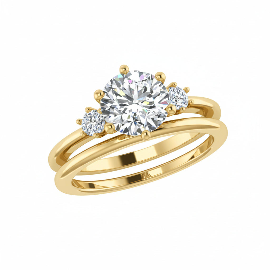 Round Diamond 3 Stone Engagement Ring and Wedding Band Set - Thenetjeweler