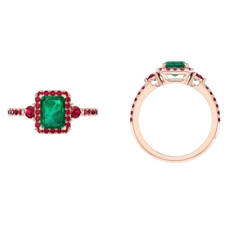 Emerald cut Emerald and Ruby Halo Ring - Thenetjeweler