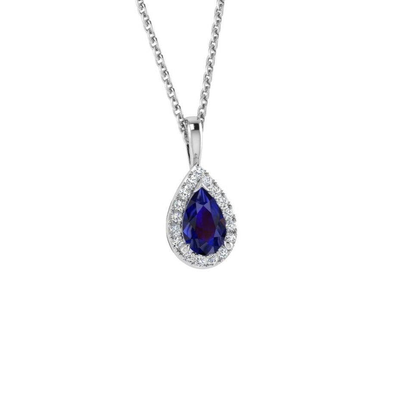 Pear Blue Sapphire and Diamond Halo Necklace - Thenetjeweler