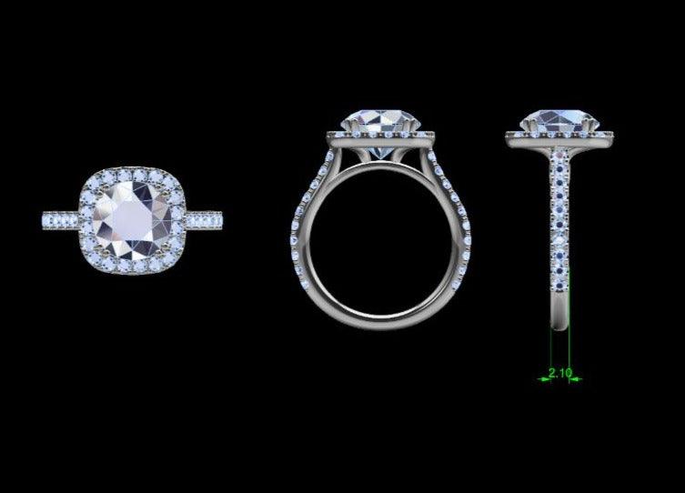 18K White Gold Double Prong Cushion Halo Engagement Ring - Thenetjeweler