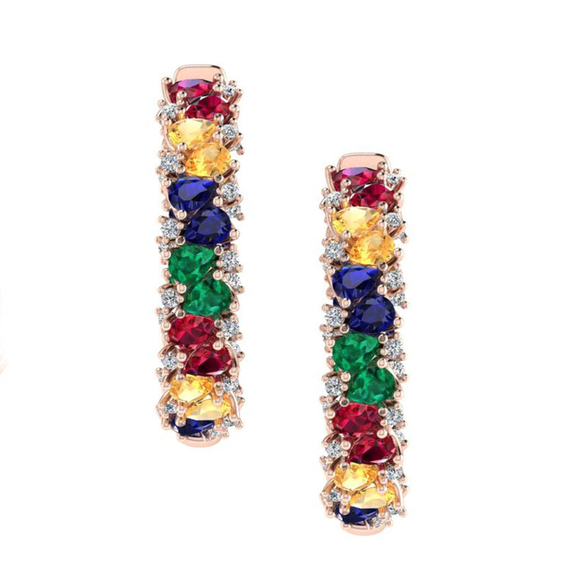 Multi Gemstone and Diamond Hoop Earrings 14K Rose Gold - Thenetjeweler