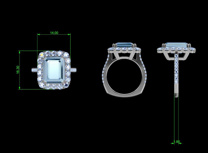 Aquamarine and Diamond Halo Ring 14K Gold - Thenetjeweler