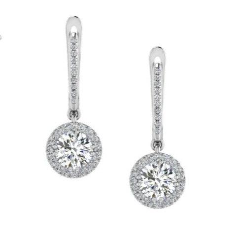 White Gold Diamond Halo Drop Earrings - Thenetjeweler