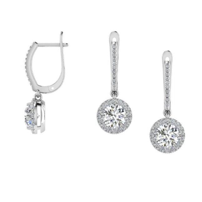 White Gold Diamond Halo Drop Earrings - Thenetjeweler