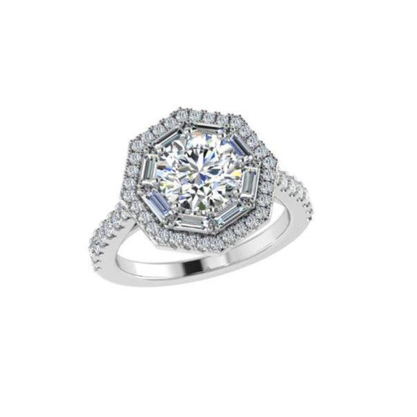 Octagonal Baguette and Round Double Halo Diamond Engagement Ring - Thenetjeweler