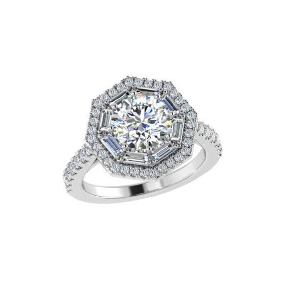 Octagonal Baguette and Round Double Halo Diamond Engagement Ring - Thenetjeweler