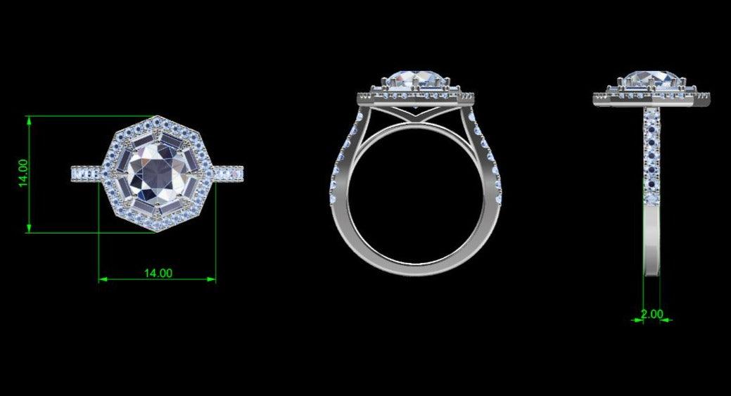 Octagonal Baguette and Round Double Halo Diamond Engagement Ring - Thenetjeweler