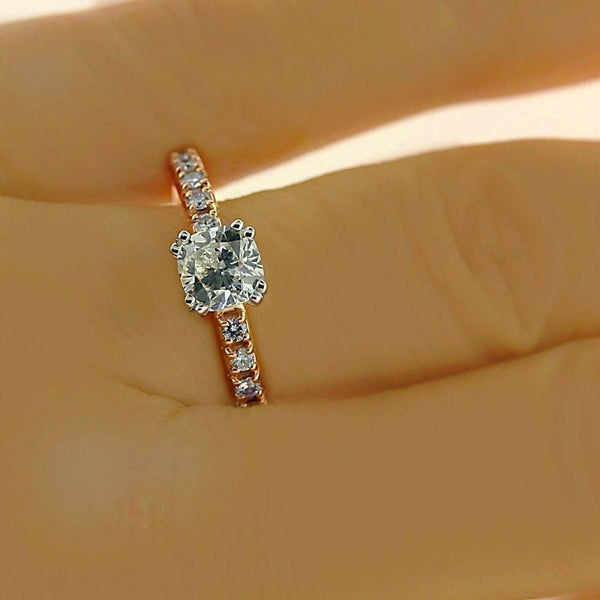 Cushion Diamond Side Stone Engagement Ring 18K Pink Gold - Thenetjeweler