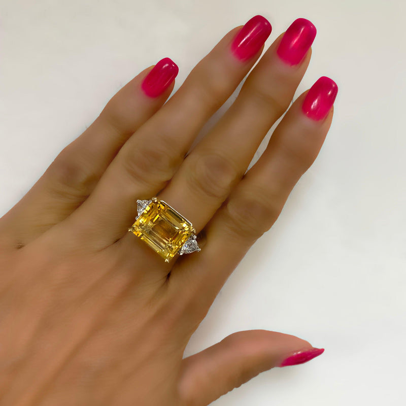 East-West Emerald-Cut Citrine Cocktail Ring with Diamonds - Thenetjeweler