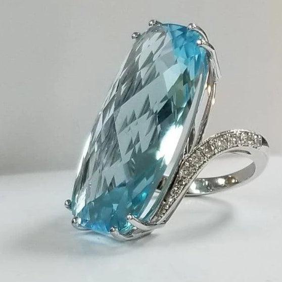 Large Cushion Blue Topaz and Diamond Ring 18K Gold - Thenetjeweler