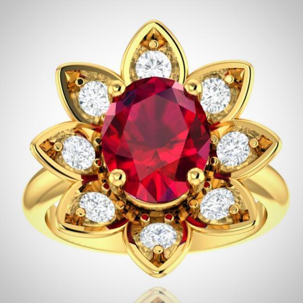 14K Yellow Gold Ruby and Diamond Flower Ring - Thenetjeweler