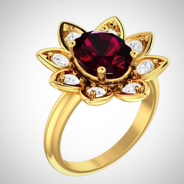 14K Yellow Gold Natural Garnet and Diamond Flower Ring - Thenetjeweler