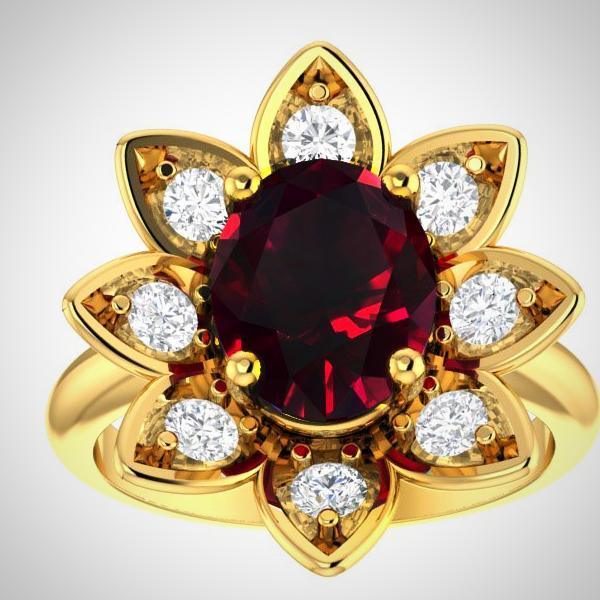 14K Yellow Gold Natural Garnet and Diamond Flower Ring - Thenetjeweler