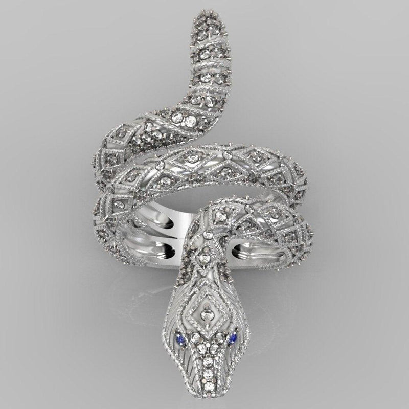 Diamond Sapphire Accents Snake Ring 14K White Gold - Thenetjeweler