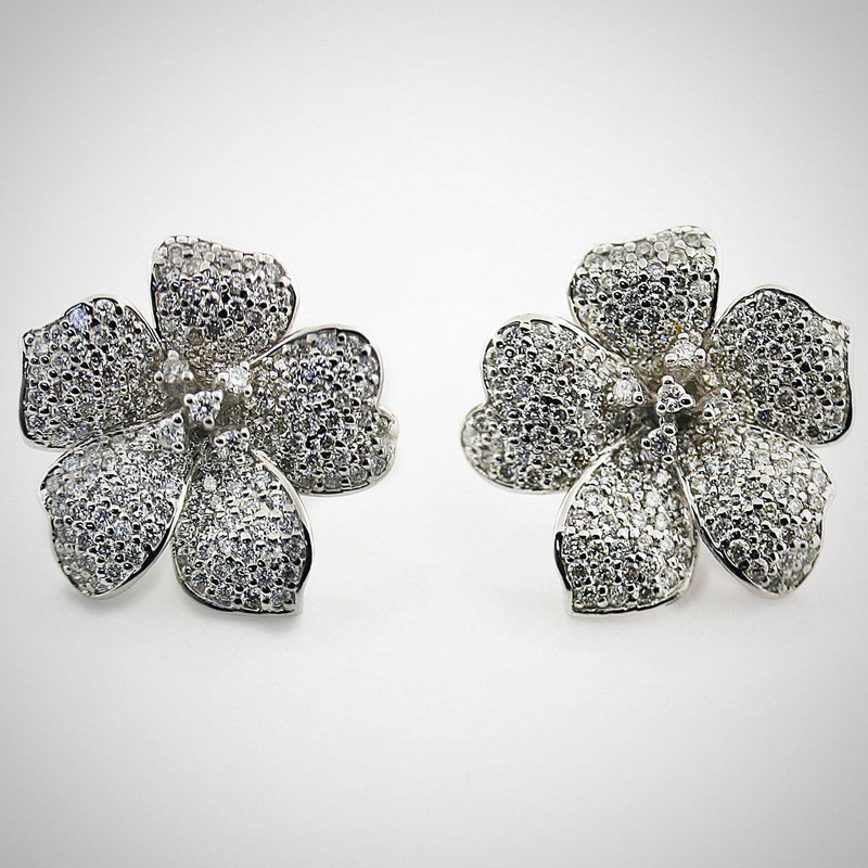 Diamond Flower Stud Earrings 18K White Gold Screw Back - Thenetjeweler