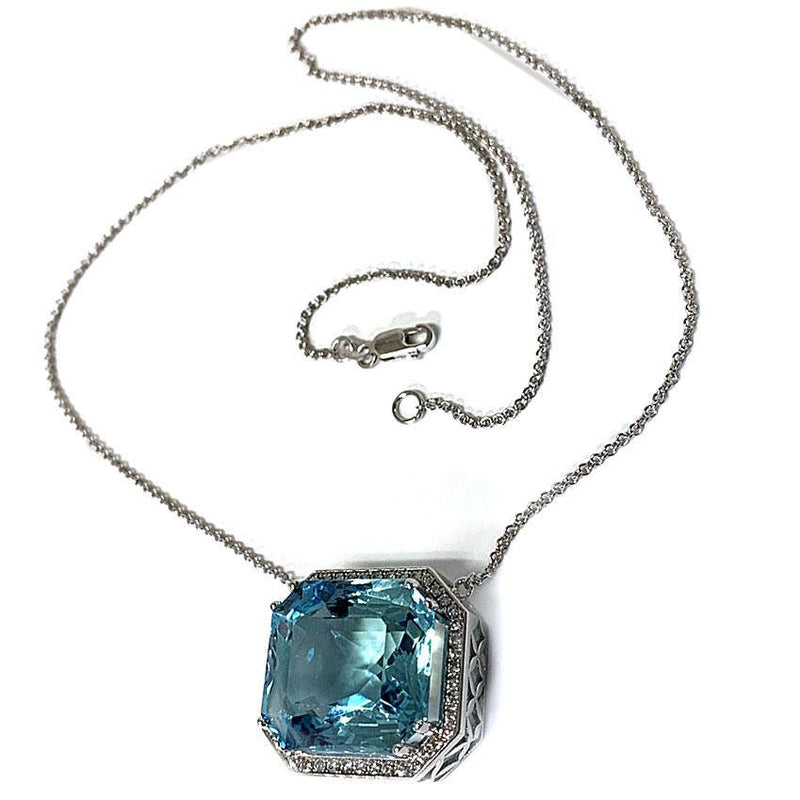 Aquamarine Emerald Cut Diamond Halo Necklace - Thenetjeweler