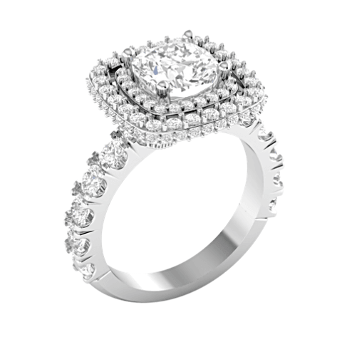 Double Halo Cushion Diamond Engagement Ring 18K White Gold - Thenetjeweler