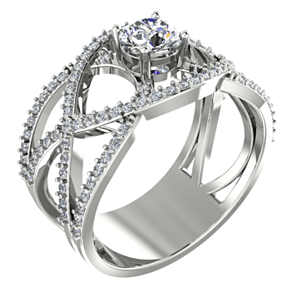 Round Diamond Ring Twisted Band with Sides Stones 18K White Gold Setting - Thenetjeweler
