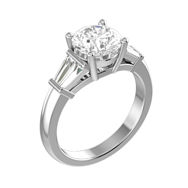Round Diamond with Tapered Baguette Side Stones Engagement Ring 18K White Gold - Thenetjeweler