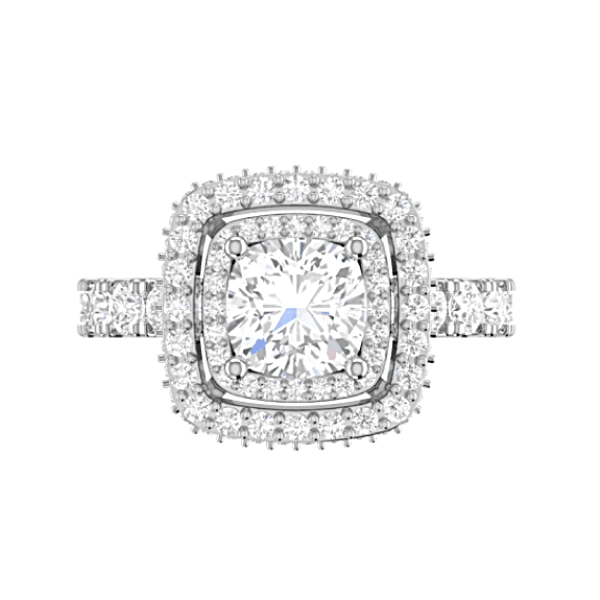 Double Halo Cushion Diamond Engagement Ring 18K White Gold - Thenetjeweler