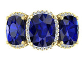 Sapphire and Diamond Halo Three Stone Ring - Thenetjeweler