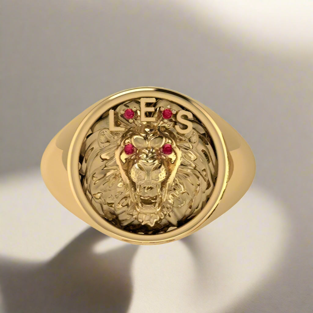 Men's Lion Ring with Ruby 10K Yellow Gold - Thenetjeweler