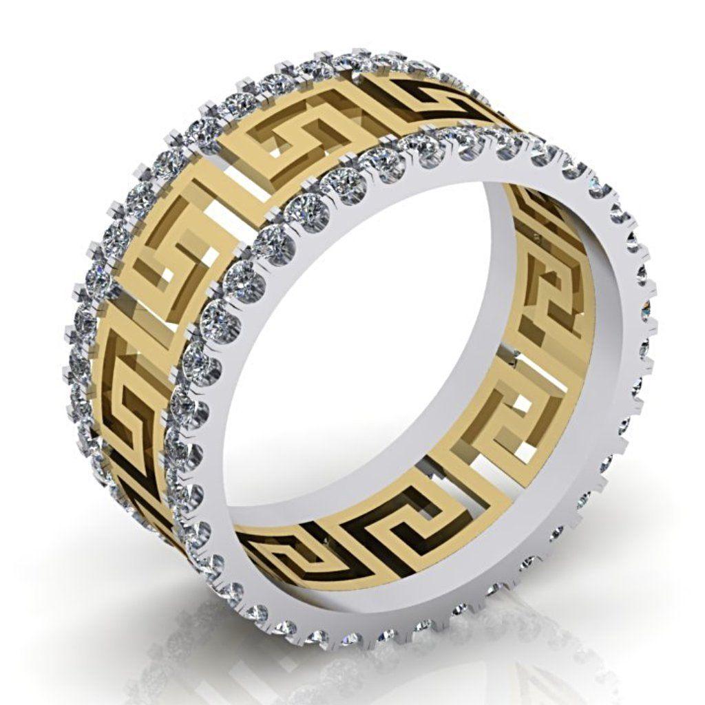 Greek Key Design Two Tone Diamond Ring 14K Yellow and White Gold - Thenetjeweler