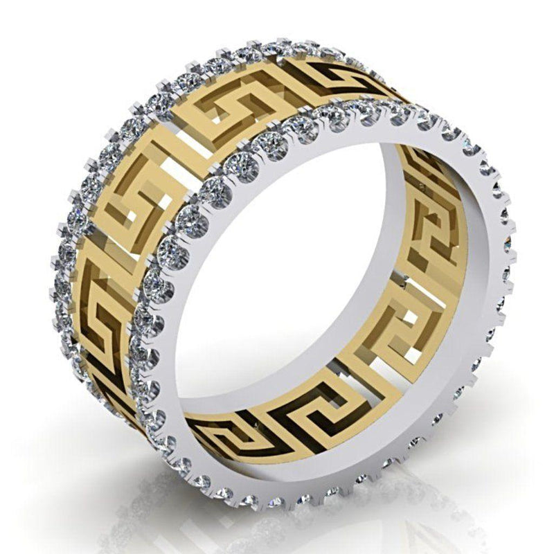 Greek Key Design Two Tone Diamond Ring 14K Yellow and White Gold - Thenetjeweler