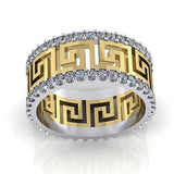 Greek Key Design Two Tone Diamond Ring 14K Yellow and White Gold - Thenetjeweler