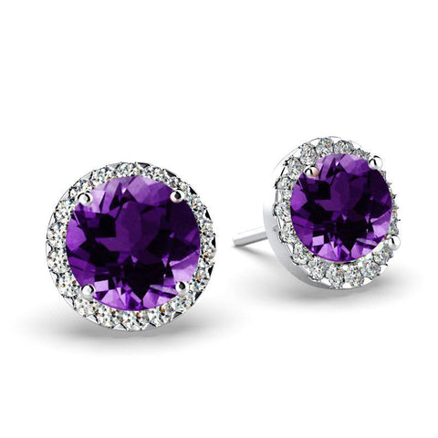 Diamond Amethyst Halo Stud Earrings 18K White Gold Push Back - Thenetjeweler