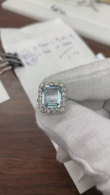 Aquamarine and Diamond Halo Ring 14K Gold