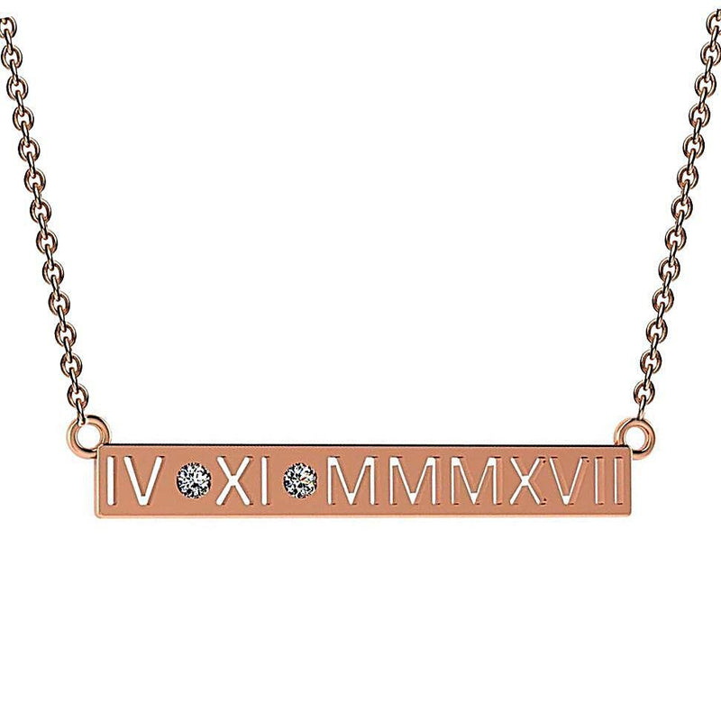 Personalized Diamond Roman Numerals Horizontal Bar Pendant Necklace 14K Gold - Thenetjeweler