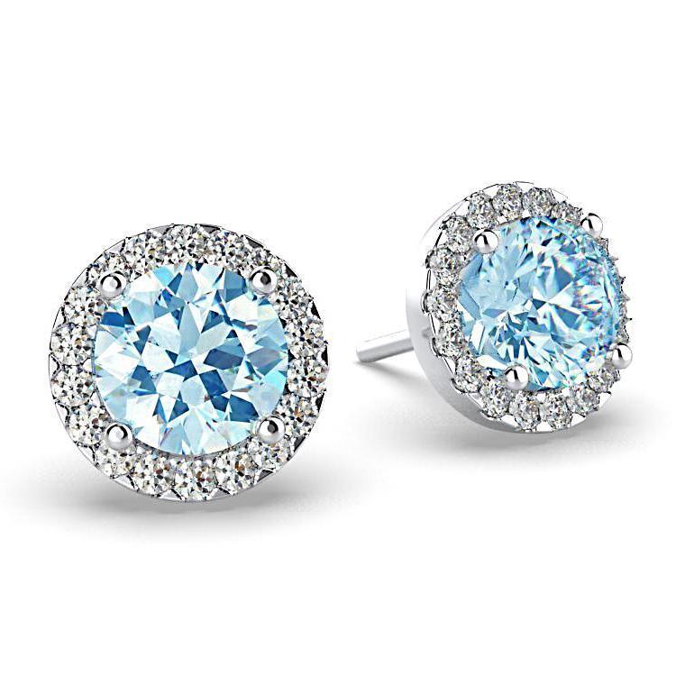 Diamond Blue Topaz Halo Stud Earrings 18K White Gold - Thenetjeweler
