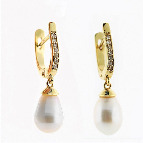 Cultured Pearl and Diamond Drop Earrings 14K Yellow Gold - Thenetjeweler