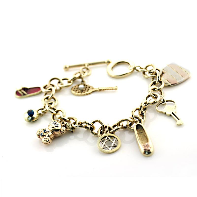 14K Yellow Gold Link Bracelet with Dangling Charms Make your Own Charm - Thenetjeweler